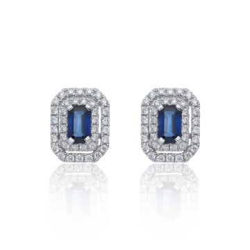18ct White Gold Emerald Cut Sapphire 1.09ct Diamond Double Halo Earrings