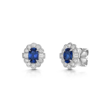 18ct White Gold 2.22ct Oval Cut Blue Sapphire & Mixed Cut Diamond Halo Earrings