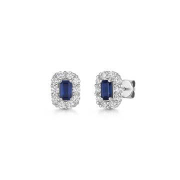 18ct White Gold Emerald Cut Sapphire with Diamond Halo Earrings 1.25ct