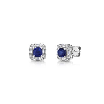 18ct White Gold Cushion Cut Sapphire with Diamond Halo Earrings 1.10ct