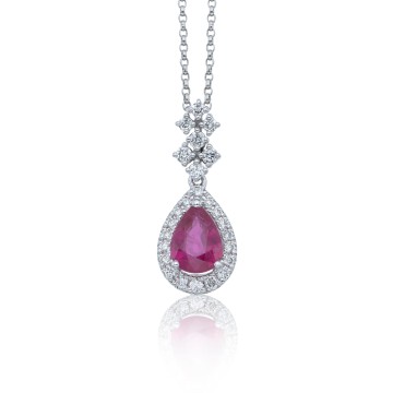 9ct White Gold Pear Ruby 0.75ct and Diamond 0.25ct Fancy Drop Pendant