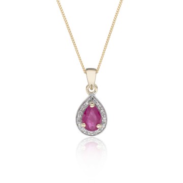 9ct Yellow Gold Pear Cut Ruby and Diamond Halo Pendant