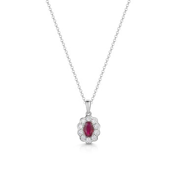 18ct White Gold 0.41ct Oval Ruby and Diamond Halo Pendant