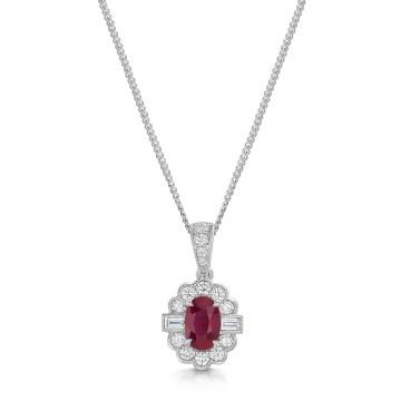 18ct White Gold 1.47ct Oval Cut Ruby and Mixed Cut Diamond Halo Pendant