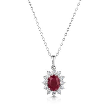 18ct White Gold Oval 1.40ct Ruby and 0.47ct Diamond Pendant