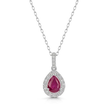 18ct White Gold Pear Cut Ruby 0.80ct with Diamond Halo Pendant