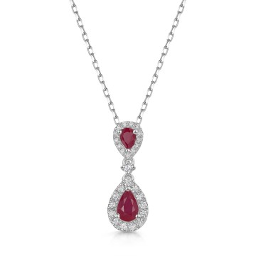 18ct White Gold Pear Cut 0.60ct Ruby and 0.25ct Diamond Halo Drop Pendant