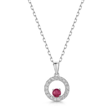 18ct White Gold Round Brilliant 0.25ct Ruby and 0.20ct Diamond Circle Pendant