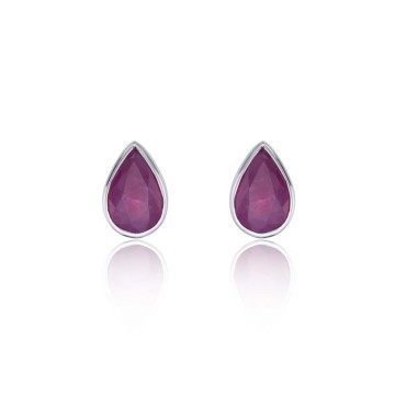 9ct White Gold Pear Cut Ruby Rub Over Earrings