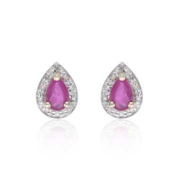 9ct Yellow Gold Pear Cut Ruby and Diamond Halo Stud Earrings