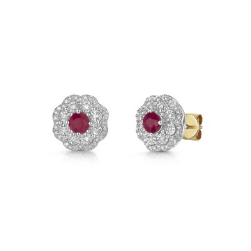 9ct Yellow Gold 0.34ct Round Brilliant Cut Ruby with Illusion Set Diamond Cluster Halo Earrings