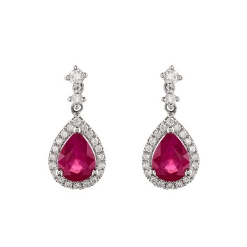 18ct White Gold Ruby and Diamond Halo Drop Earrings