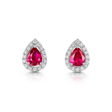 18ct White Gold Pear 0.22ct Ruby and 0.88ct Diamond Halo Earrings