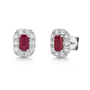 18ct White Gold Cushion Cut Ruby 0.75ct and Diamond Cluster Earrings