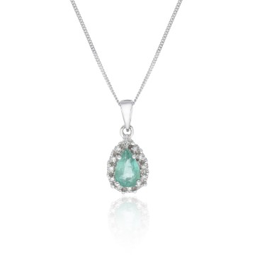 9ct White Gold Pear Shape Emerald and 0.04ct Diamond Cluster Pendant