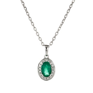 9ct White Gold Oval Cut Emerald 0.08ct Diamond Halo Pendant