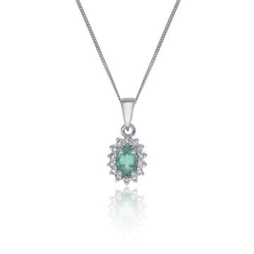 9ct White Gold 0.06ct Diamond and Emerald Halo Pendant