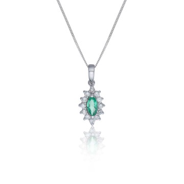 9ct White Gold Diamond 0.12ct and Emerald Halo Pendant