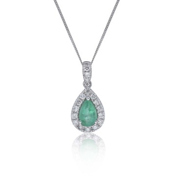 9ct White Gold 0.50ct Pear Cut Emerald and 0.19ct Diamond Halo Pendant