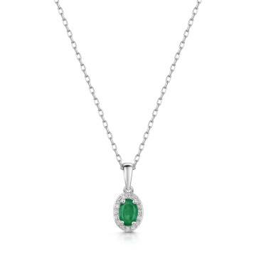 9ct White Gold Oval Cut Emerald 0.40ct and Diamond 0.08ct Halo Pendant