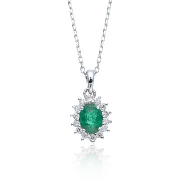 18ct White Gold Oval Cut 0.85ct Emerald and Diamond Halo Pendant