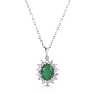 18ct White Gold Oval 1.75ct Emerald and 0.55ct Diamond Pendant