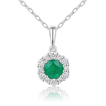 18ct White Gold 1.55ct Round Brilliant Emerald and Diamond Halo Pendant