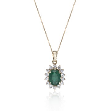 18ct Yellow Gold Brilliant Cut 0.22ct Diamond and 0.68ct Emerald Halo Pendant