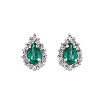 9ct White Gold Pear Cut Emerald 0.039ct Diamond Halo Earrings