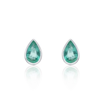 9ct White Gold Pear Cut Emerald Rub Over Earrings