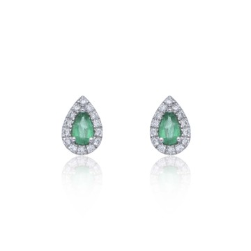 9ct White Gold Diamond 0.18ct and Emerald Halo Earrings