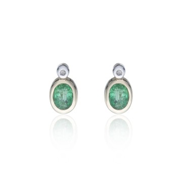 9ct Yellow Gold Diamond and 0.06ct Emerald Bezel Set Earrings