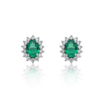 18ct White Gold Oval Cut Emerald 1.90ct Diamond Traditional Halo Stud Earrings