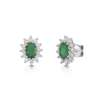 18ct White Gold Oval 0.84ct Emerald and 0.38ct Diamond Cluster Earrings
