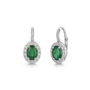 18ct White Gold Oval Emerald and Diamond Halo Drop Earrings 1.80ct