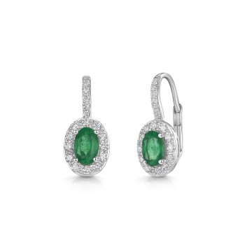 18ct White Gold Oval Cut Emerald 0.85ct and Diamond Halo Drop Earrings