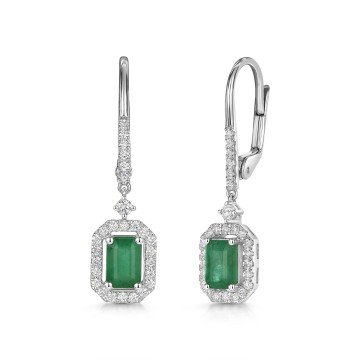 18ct White Gold Octagonal Emerald with Diamond Halo Drop Earrings 1.55ct