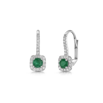 18ct White Gold Round Brilliant Emerald with Diamond Halo Drop Earrings 0.71ct