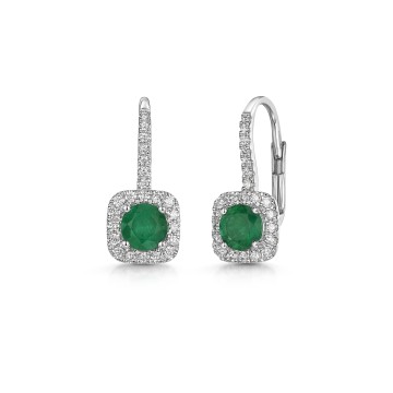 18ct White Gold Round Brilliant Emerald with Diamond Halo Drop Earrings 1.25ct