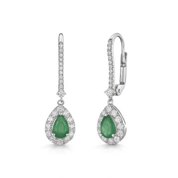 18ct White Gold Pear Emerald with Diamond Halo Drop Earrings 1.35ct