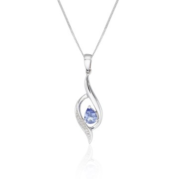 9ct White Gold Pear Cut Tanzanite and Diamond 0.01ct Cross Over Pendant