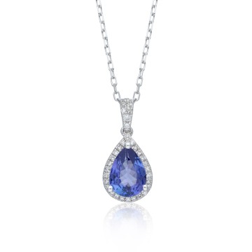 9ct White Gold Pear Cut Tanzanite & Diamond 1.22ct Halo Pendant