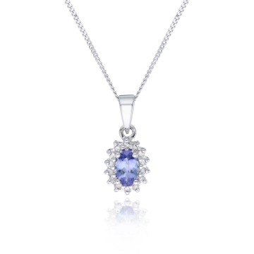 9ct White Gold 0.06ct Diamond and Tanzanite Halo Pendant