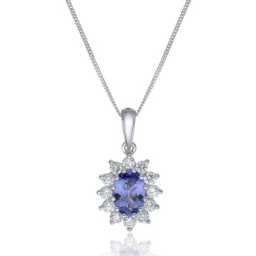 9ct White Gold Diamond 0.35ct and Tanzanite Halo Pendant