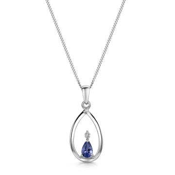 9ct White Gold Pear Cut 0.19ct Tanzanite and Diamond Open Pendant
