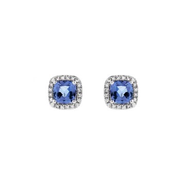 9ct White Gold Cushion Cut Tanzanite 0.76ct Diamond Halo Stud Earrings