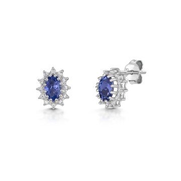9ct White Gold 0.48ct Oval Tanzanite & Diamond Halo Solitaire Earrings