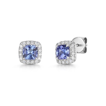 18ct White Gold Cushion Cut Tanzanite 0.70ct with Diamond Halo Earrings