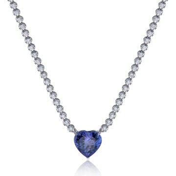 18ct White Gold 2.07ct Heart Cut Tanzanite and Diamond Tennis Necklace