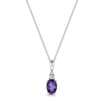 9ct White Gold Oval Cut 0.75ct Amethyst & 0.05ct Diamond Pendant